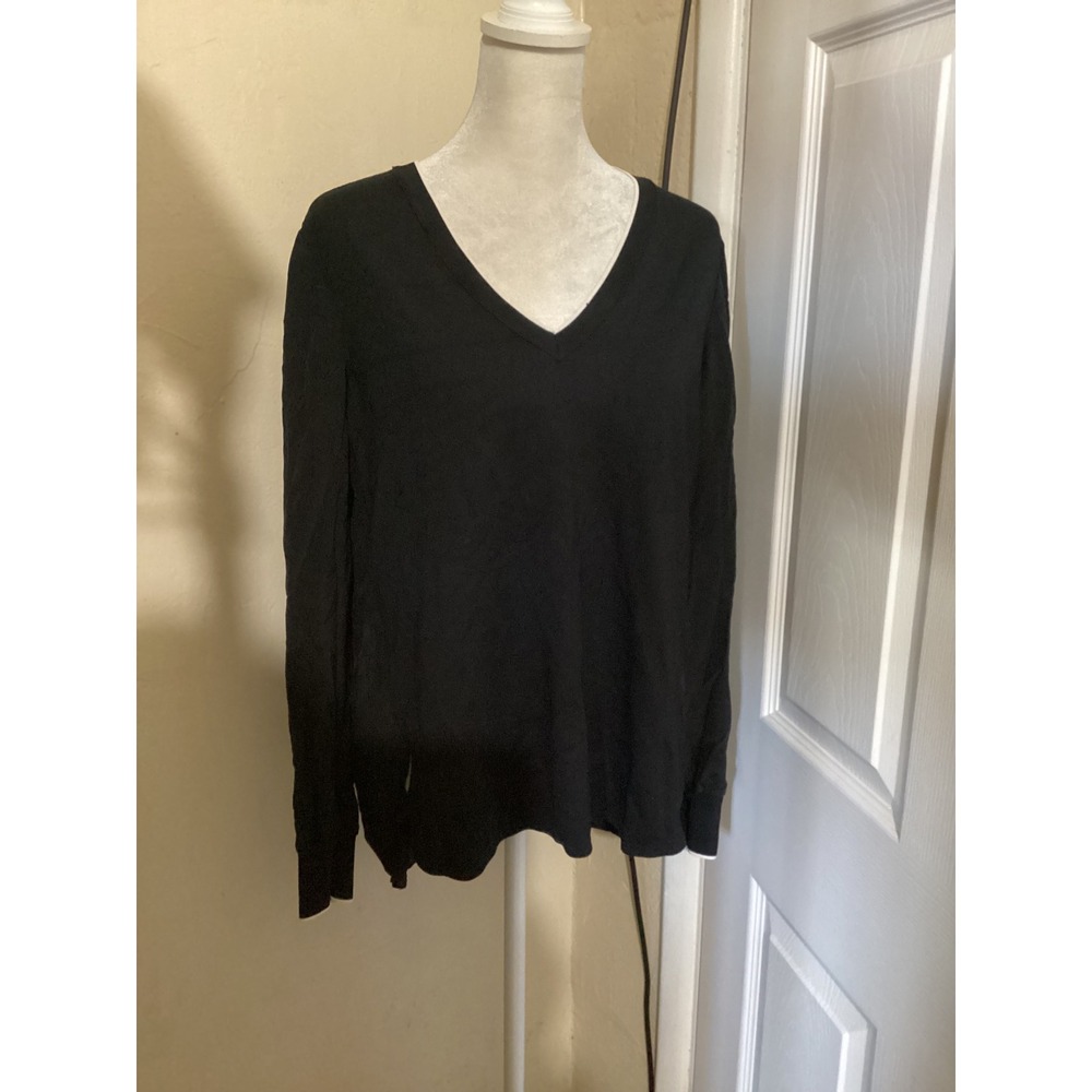 Vince Womens Black Mixed Media V-Neck Long Sleeve Top Contrast Trim Small